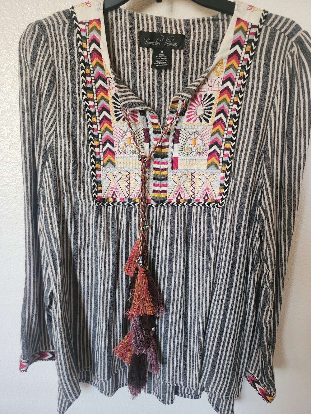 Brandon Thomas Embroidered Striped Tassel Boho Peasant Blouse M